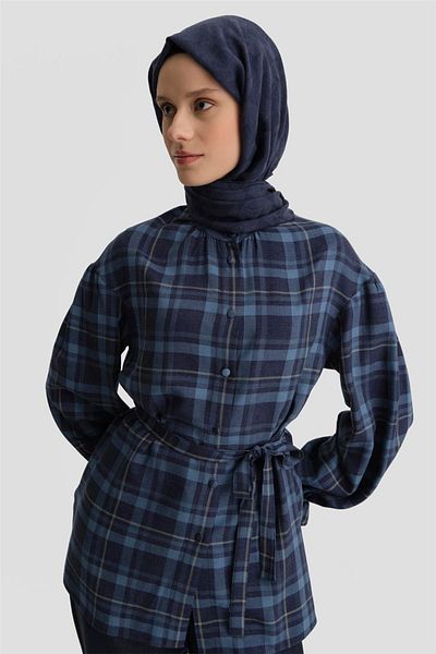 Armine Καρό πουκάμισο με δεμένη μέση 24k3601 Navy Blue
