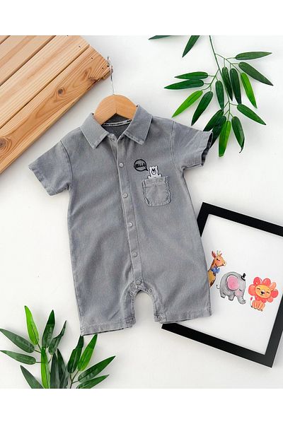 hümabebe Hello Bear Tall Snap Fastener Knitted Denim Fabric Summer Jumpsuit