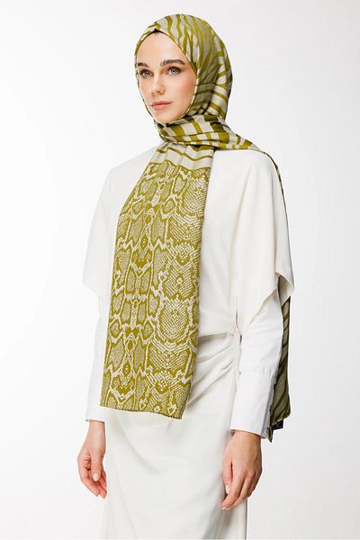 Mooncorn Riad Pattern Double Sided Shawl Oil Green-Ecru