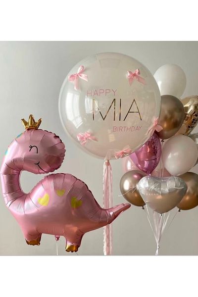 Çemrek Süs Parti Gold Beige Pink Balloon Bundle Set with Pink Dinosaur Foil Balloons 15Pcs