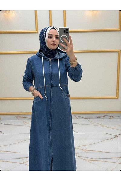 OlaLady معطف علوي نسائي بغطاء للرأس وسحاب وجيب مفصل من قماش الدنيم الحجاب