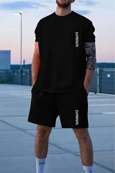 NO 601 Men's Black Different Printed Oversize T-Shirt Black Short Set
