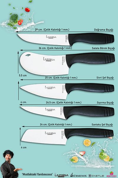 LAZBİSA Eco Series Kitchen Knife Set Meat Bread Vegetable Salad Pizza Dumpling Pita Chef Knife Set of 5