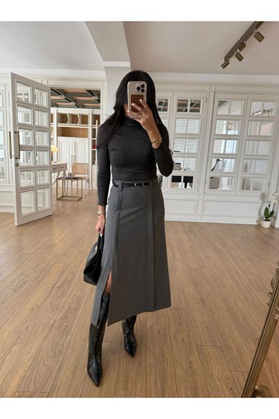My Blog Anthracite Belted Skirt with Side Slit Detail - 240338