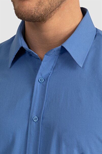 Tudors Cămașă albastră pentru bărbați, slim fit, din bumbac, din bumbac Terry, ușor de călcat