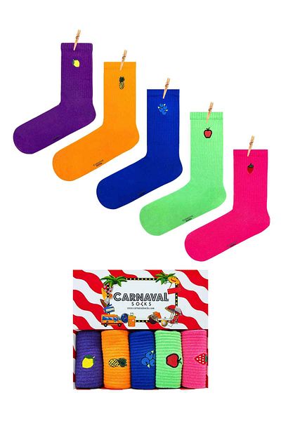 CARNAVAL SOCKS Комплект от 5 бродирани чорапи с 2 плода, кутия с шарени цветни шарки