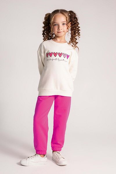 wakawakakidsstore Heart Printed Crew Neck Cuffs Elastic Girls Tracksuit - Pink