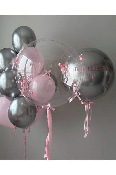 Çemrek Süs Parti Silver Pink Balloon Bundle with Bow Balloon Set 12 Pcs