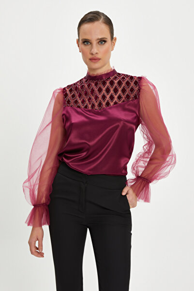 SERPİL Kadın Tül Detaylı Taş İşlemeli Bluz - Şık ve Zarif Tasarım - Özel Gün ve Davetler İçin Bluz