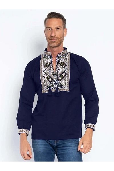 Purely Chic Bluza barbat tip ie din bumbac bleumarin cu model traditional
