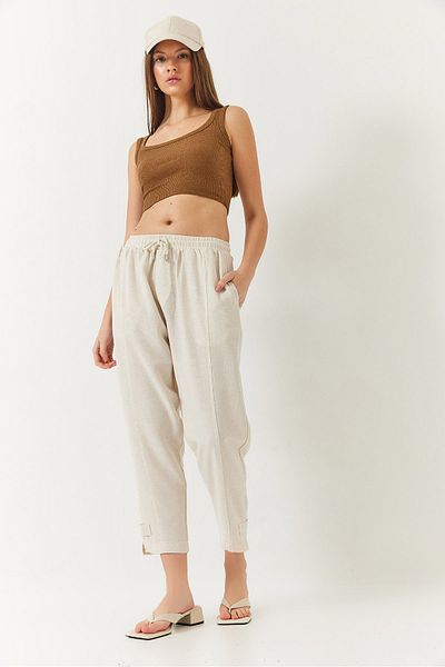 Bianco Lucci Damen-Hose aus Leinen mit elastischem Bund und detaillierter Tasche und Karottenbesatz 60261419