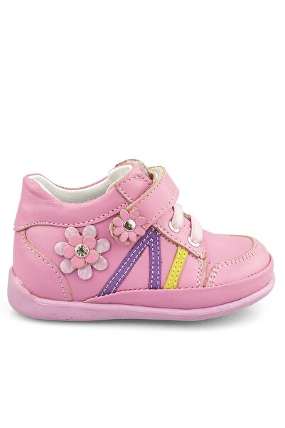 Cici Bebe Ayakkabı Hakiki Deri Pembe Çiçekli Kız Bebek Bot