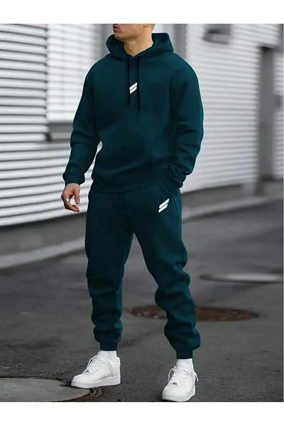 NO 601 Men's Petrol Double Striped Printed Hooded Tracksuit Set