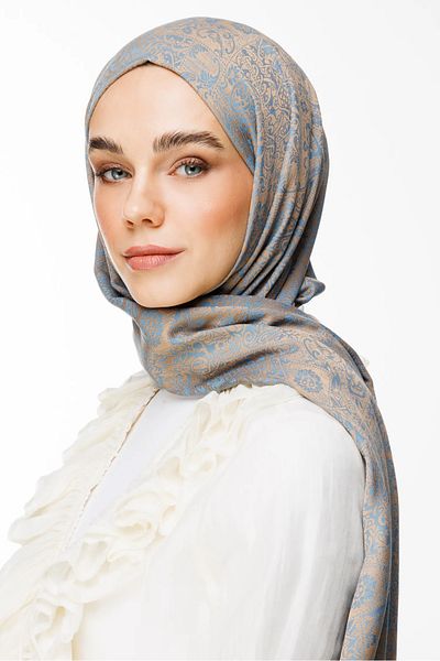 Mooncorn Henna Patterned Double-Sided Shawl, Mink-Turquoise