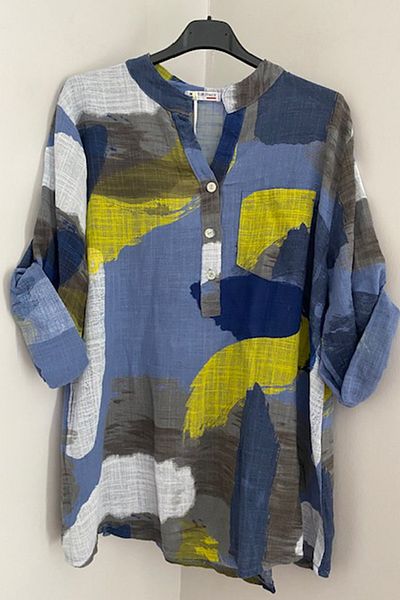 AYASOFYA OTANTIK Bluză din bumbac 100% bumbac pentru femei, cu mâneci orfane pliate, cu model albastru indigo, cu detaliu cu nasturi