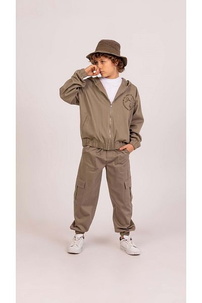 wakawakakidsstore Front Back Embroidered Hooded Jacket Cargo Pocket Trousers Boy's Suit