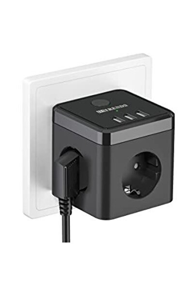 fullreyon Isıya Dayanıklı Termal, Akım Korumalı 16A 4000W, 3xUSB, 2.1 A, 3 Priz, Çocuk Korumalı Çoklu Küp Priz