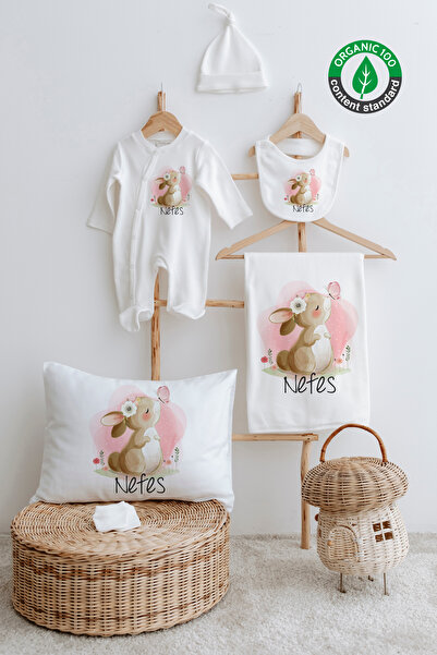 Lilabio %100 Organik Isme Özel Isimli 6lı Hastane Çıkışı Tulum Set Tavşan