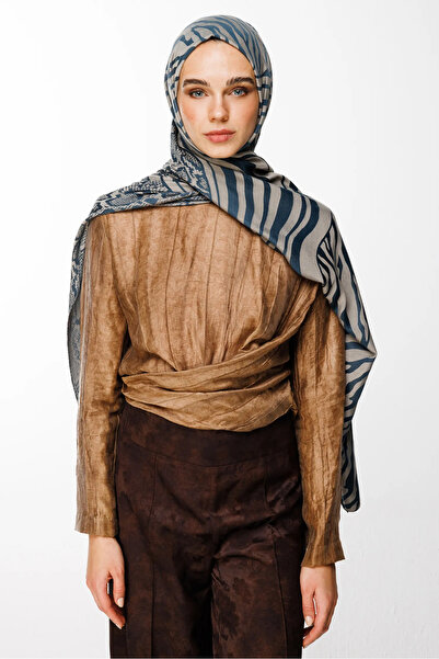 Mooncorn Σάλι Riad Pattern Διπλής Όψης Λάδι Μπλε-Μπεζ