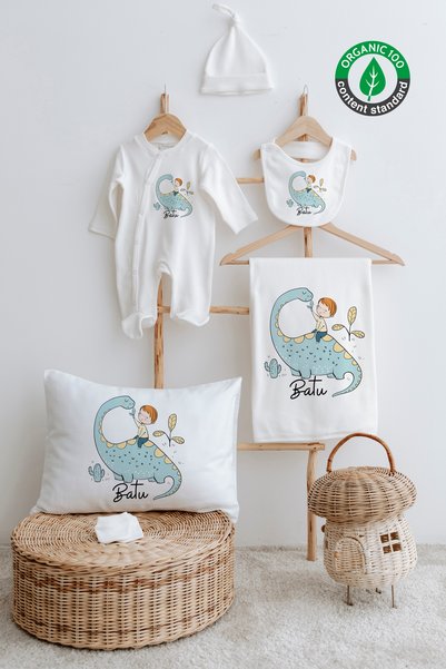 Lilabio %100 Organik Isme Özel Isimli 6lı Hastane Çıkışı Tulum Set Dinozor