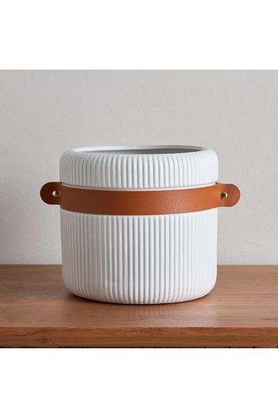 Home Box Tilden Ribbed Ceramic Planter with PU Band 20x20x18.3 cm