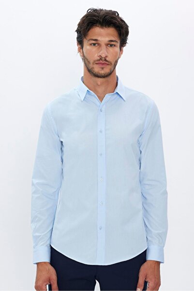 Tudors Erkek Slim Fit Dar Kesim Pamuklu Terry Cotton Kumaş Kolay Ütü Mavi Gömlek