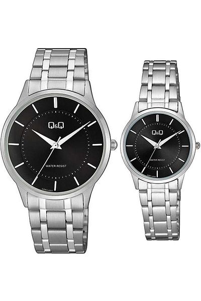 Q&Q Lover Couple Wristwatches with Black Silver Stripes Steel Band