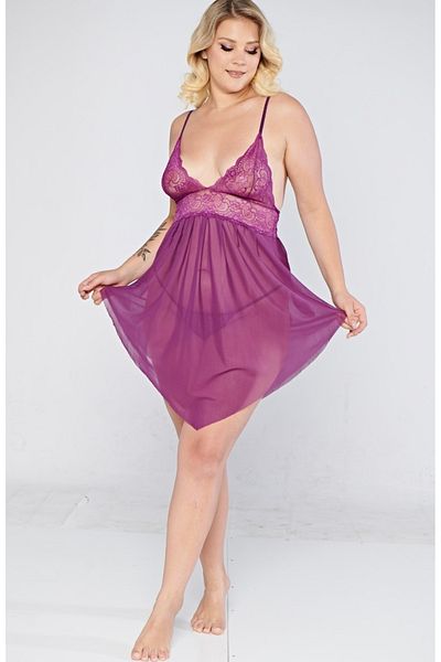 PRIMODA Fancy Plus Size Short Sexy See-Through Panty Tulle Lace Fancy Nightgown