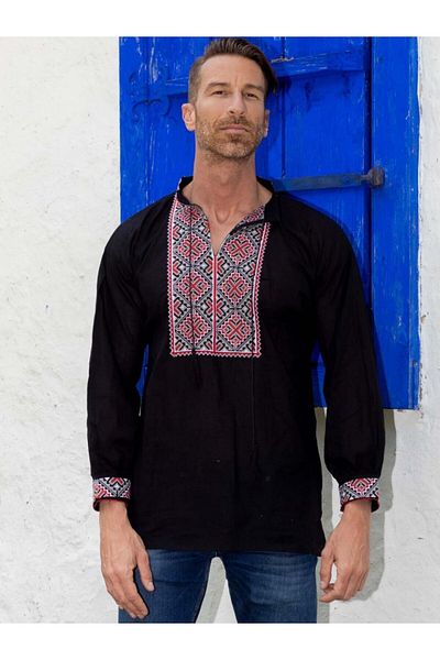 Purely Chic Bluza barbat tip ie din bumbac neagra cu model traditional