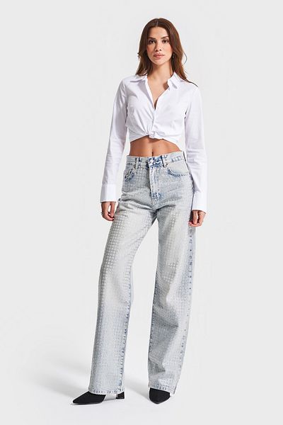 its basic Blugi de damă T.kot Color Lora T2-4s5-30 Loose Fit Bright Square Stone 100% Koton Design Denim Jean