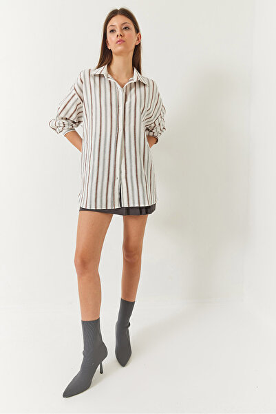 Bianco Lucci Women's Linen Oversize Striped Basic Shirt 60261417