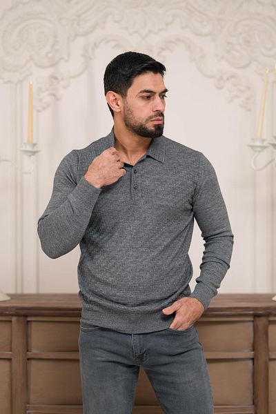 Woolen World Мъжки вълнен трикотажен пуловер с поло яка, с прилепнала кройка и шарки