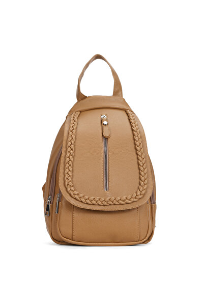 By Hakan Gk66 Women's Backpack Suitable for Daily Use Knitted Motif Covered Bag Sand