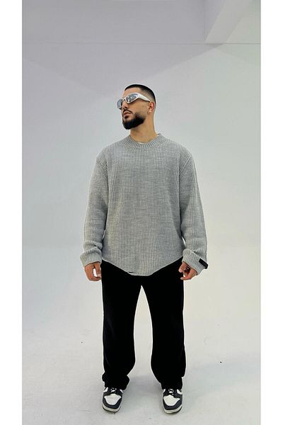 elkumoda Βαμβακερό πλεκτό πουλόβερ με λεπτομέρεια σε μεγάλο μέγεθος, χαλαρή κοπή με λαιμόκοψη