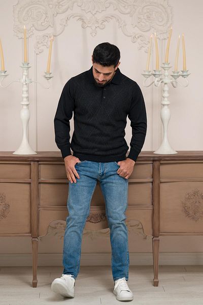 Woolen World Мъжки вълнен плетен пуловер с поло яка и шарки