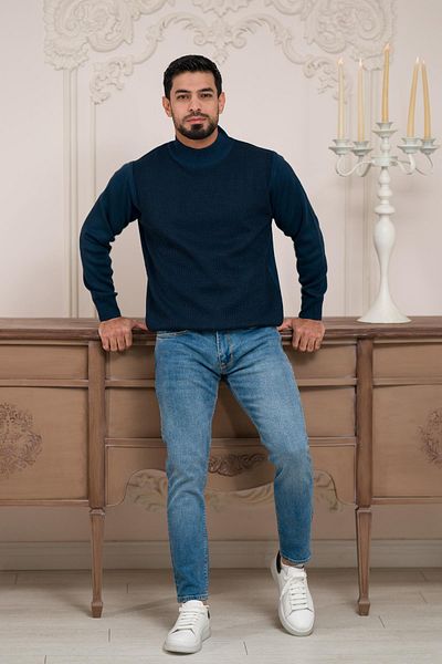 Woolen World Мъжки вълнен трикотажен пуловер с поло яка и шарки