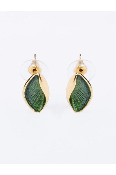 Jimmy Key Enameled Earrings with Green Leaf Pattern