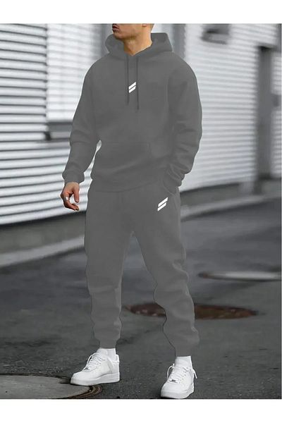 NO 601 Men's Nardo Gray Double Striped Printed Hooded Tracksuit Set