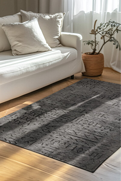 dekozer Venüs Yumuşak Pamuk Dokuma Kilim | Kaymaz Tabanlı Antrasit Iskandinav Halı | Salon Ve Mutfak Halısı