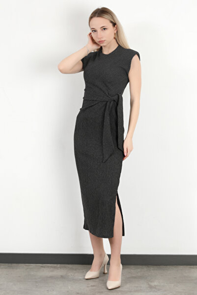 GİYSA Γυναικείο φόρεμα με υφή ανθρακί - Λεπτομέρεια με κορδόνια MS 0000577