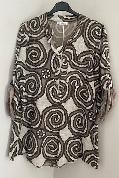 AYASOFYA OTANTIK Women's Italian Mink New Coiled Print Button Detailed Folding Orphan Sleeves 100% Cotton Blouse Shirt