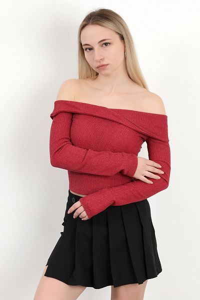 GİYSA Bluză înfășurată cu mânecă lungă cu guler Madonna pentru femei, roșu claret - MS 0000589