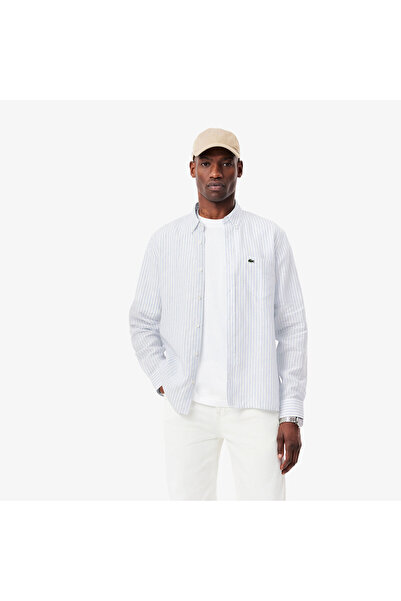 Lacoste Erkek Regular Fit Düğmeli Yaka Çizgili Keten Açık Mavi Gömlek