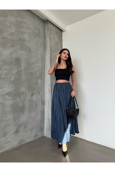 ZF BUTİK Long Loose Skirt - Wrinkled Waist Elastic and Full Flared