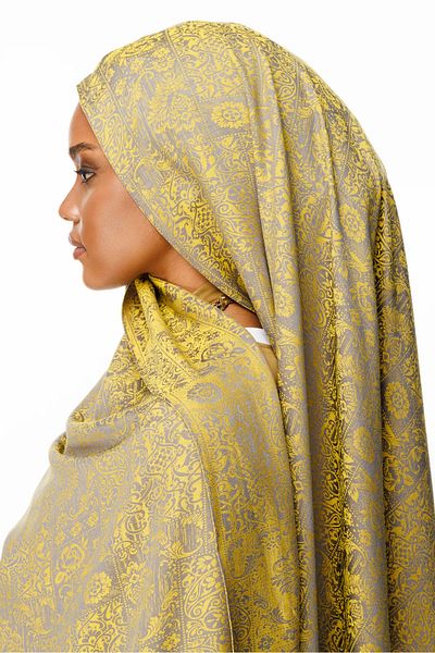 Mooncorn Henna Pattern Double Sided Shawl Dark Grey-Mustard