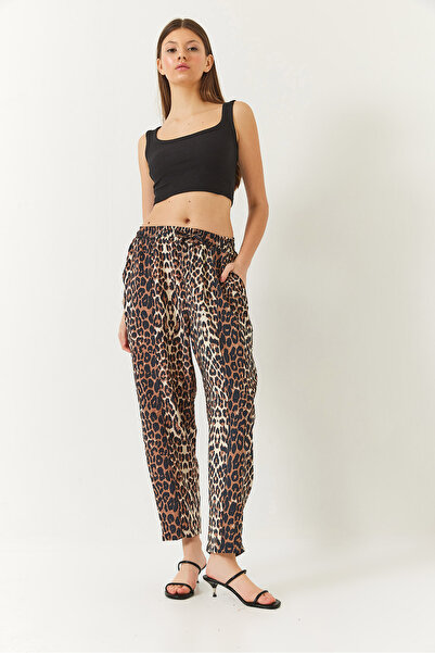 Bianco Lucci Kadın Biye Bağcıklı Leopar Desenli Şalvar Pantolon 3890 60261437
