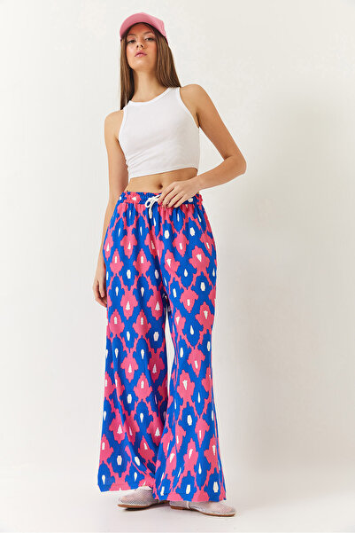 Bianco Lucci Γυναικείο άνετο παντελόνι Palazzo με μοτίβο με ελαστική μέση και δεμένες τσέπες από βισκόζη 60261435