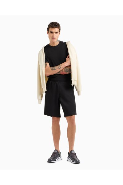 EA7 Ανδρικά ριγέ ρίγες ώμους EA7 λογότυπο κανονική εφαρμογή με στρογγυλή λαιμόκοψη κοντομάνικο μαύρο μπλουζάκι 7M 000138