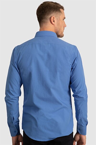 Tudors Cămașă albastră pentru bărbați, slim fit, din bumbac, din bumbac Terry, ușor de călcat