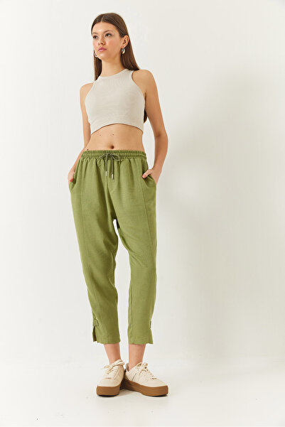 Bianco Lucci Women's Linen Elastic Waist Tie-Up Trousers with Detailed Pockets and Carrot Cut 60261419